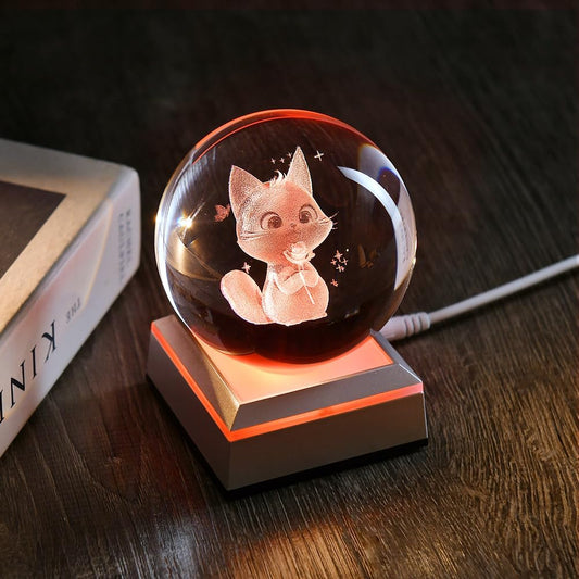 80mm Cat Lover Gifts for Women 3D Cat Holding Rose Night Light Cat Crystal Ball Decor Kitten Holding Rose Collectibles Stuff for Room Decor with Colorful Light Base